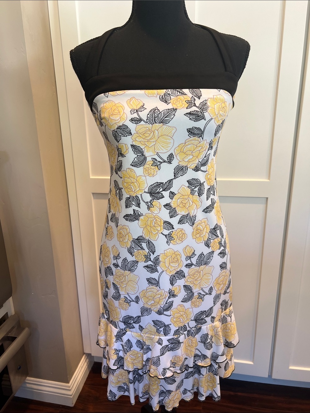 Yellow Floral Ruffle Hem Halter Dress Size S